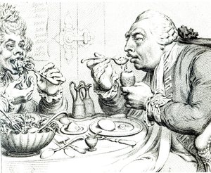 Matigheid Geniet van een Eenvoudige Maaltijd, karikatuur van George III en Koningin Charlotte